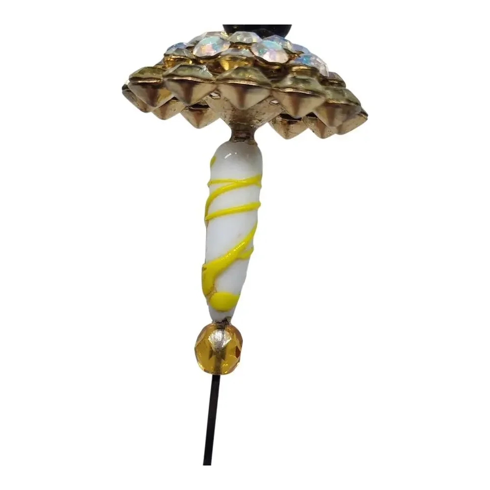 Vintage Rhinestone Stick Pin AB Crystal Black Bead Art Glass Hat Pin Estate